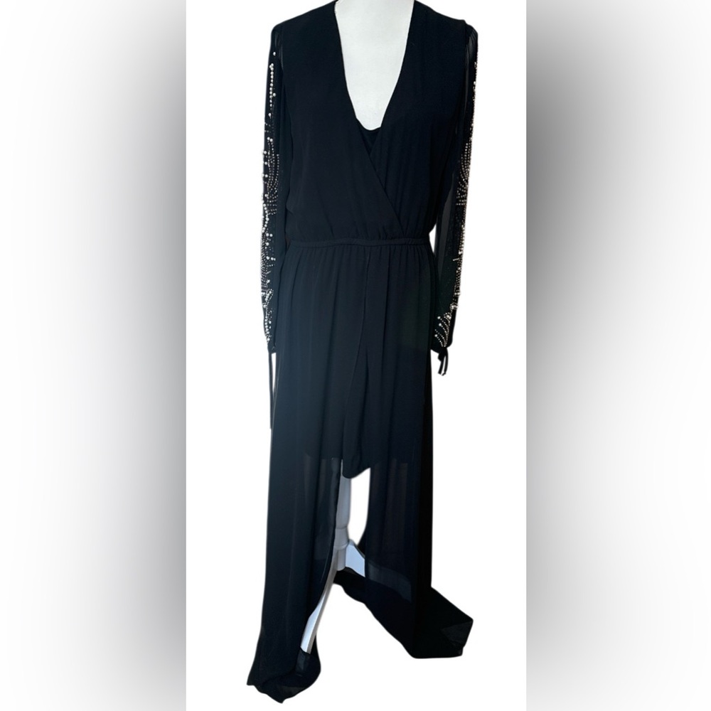 Betsy & Adam Black Dress with Embellished Long Sleeves